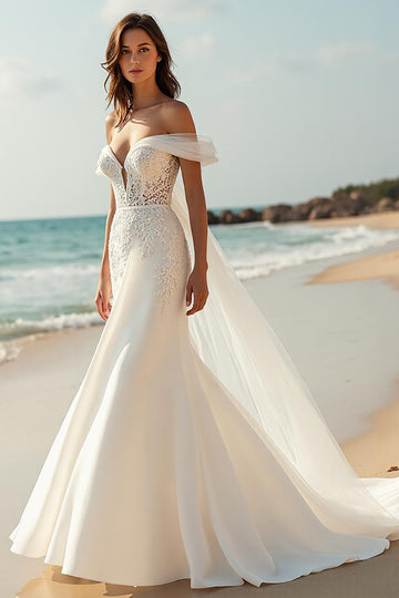 Mermaid Court Train Ivory Off the Shoulder Wedding Dress with Lace Appliques